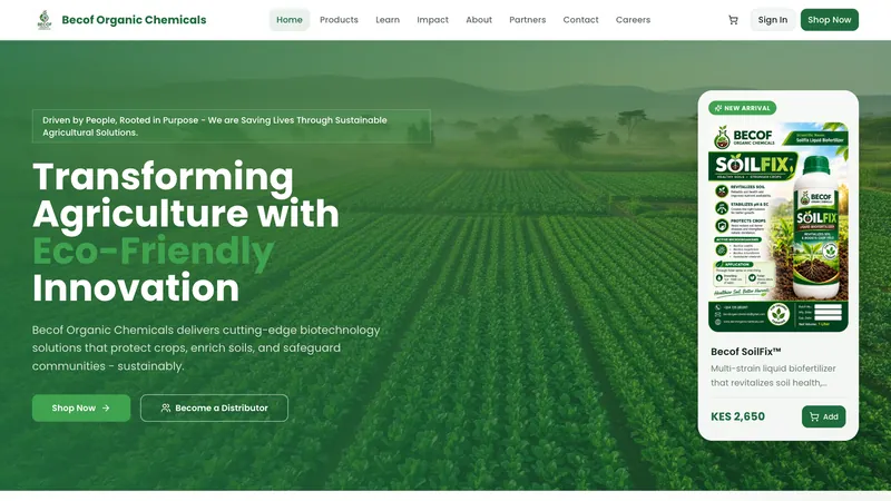 Becof Organic Chemicals homepage: “Transforming Agriculture with Eco-Friendly Innovation”, with the SoilFix product spotlight