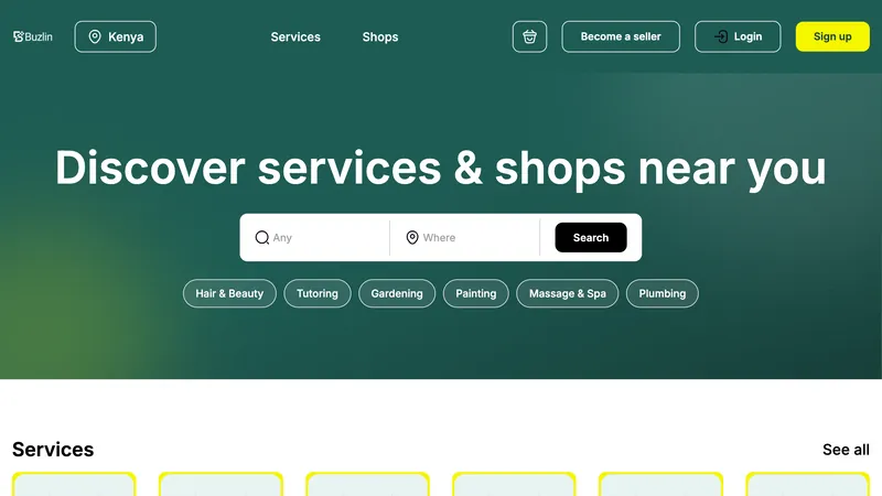 Buzlin homepage: “Discover services & shops near you” with service and location search