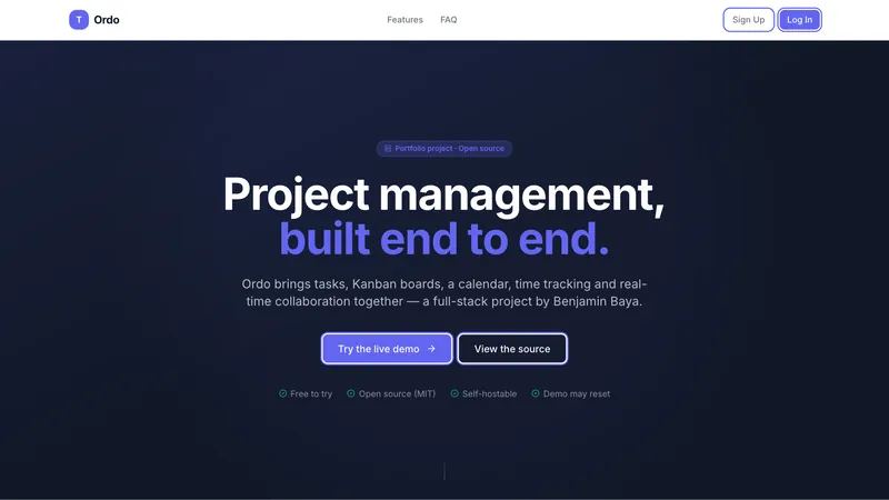 Ordo homepage: “Project management, built end to end.”