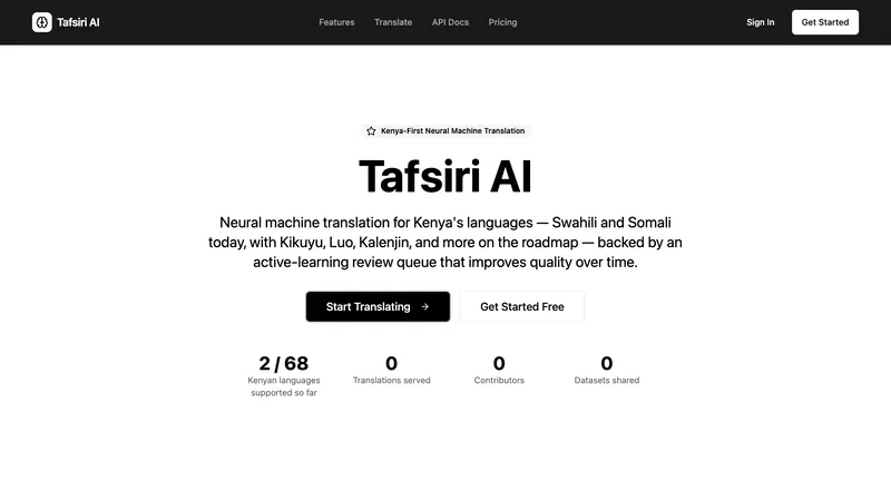 Tafsiri AI homepage: “Neural machine translation for Kenya’s languages”