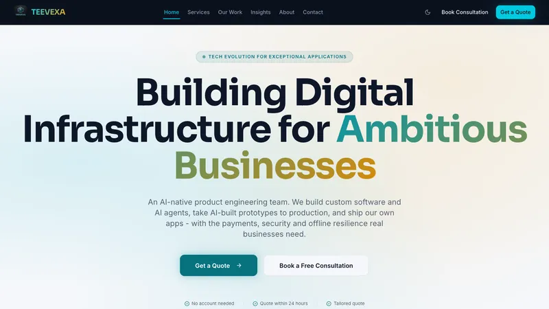 Teevexa homepage: “Building Digital Infrastructure for Ambitious Businesses”