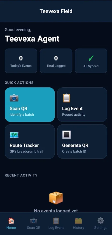 Teevexa Field home screen with quick actions: Scan QR, Log Event, Route Tracker and Generate QR