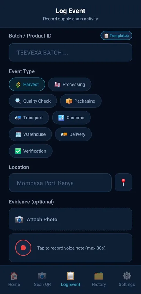 Teevexa Field log event screen with event types, location and photo evidence